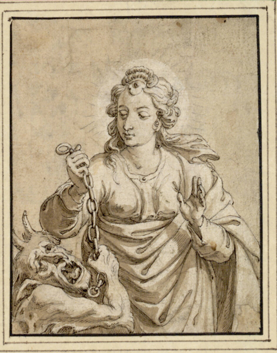 Hl. Margareta mit jammerndem Teufel (Stichvorlage), CornelisGallederÄltere