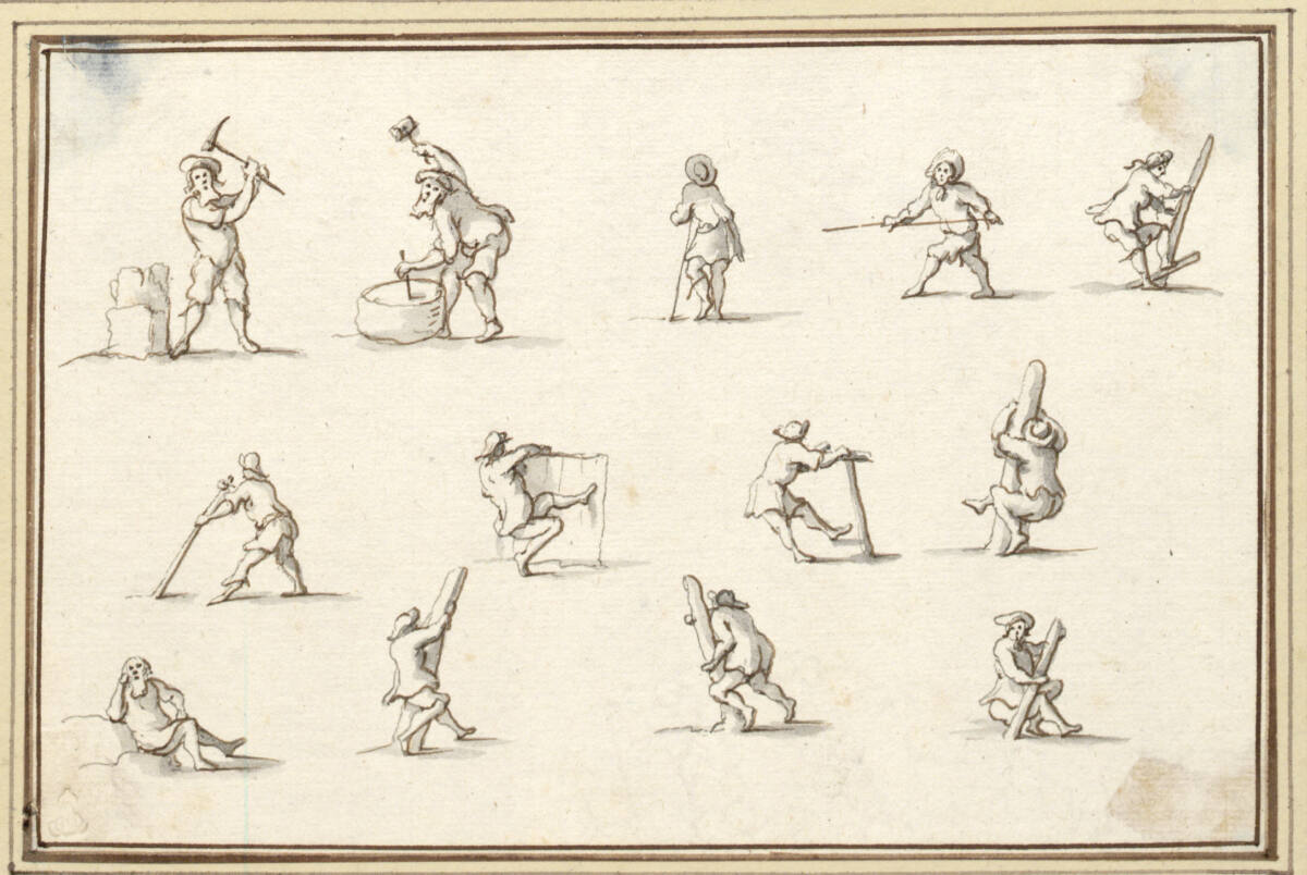 AlbertFlamen, Studienblatt mit dreizehn arbeitenden männlichen Figuren (V-19)