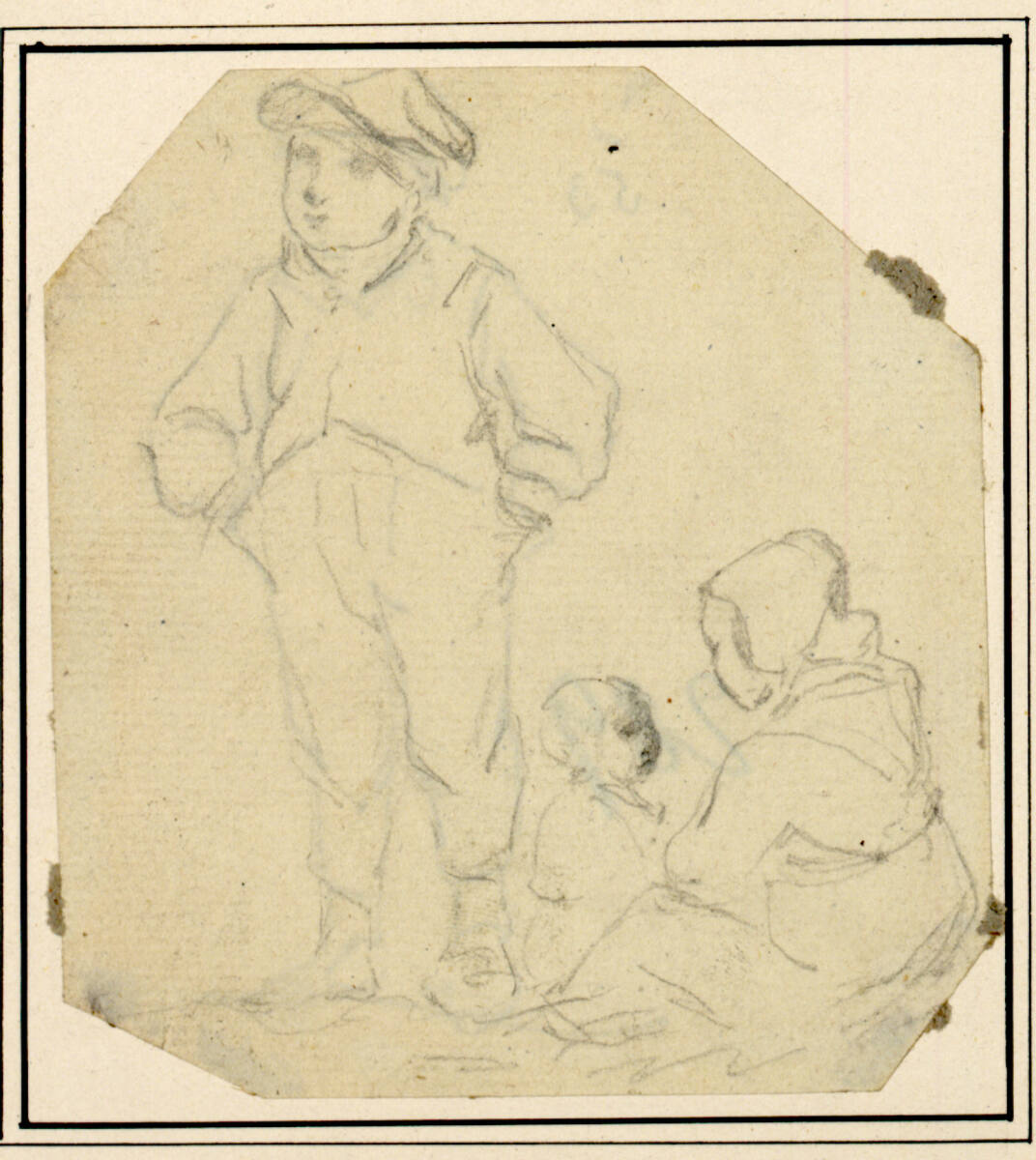 Stehender Junge, rechts zwei sitzende Kinder, Carl Pischinger