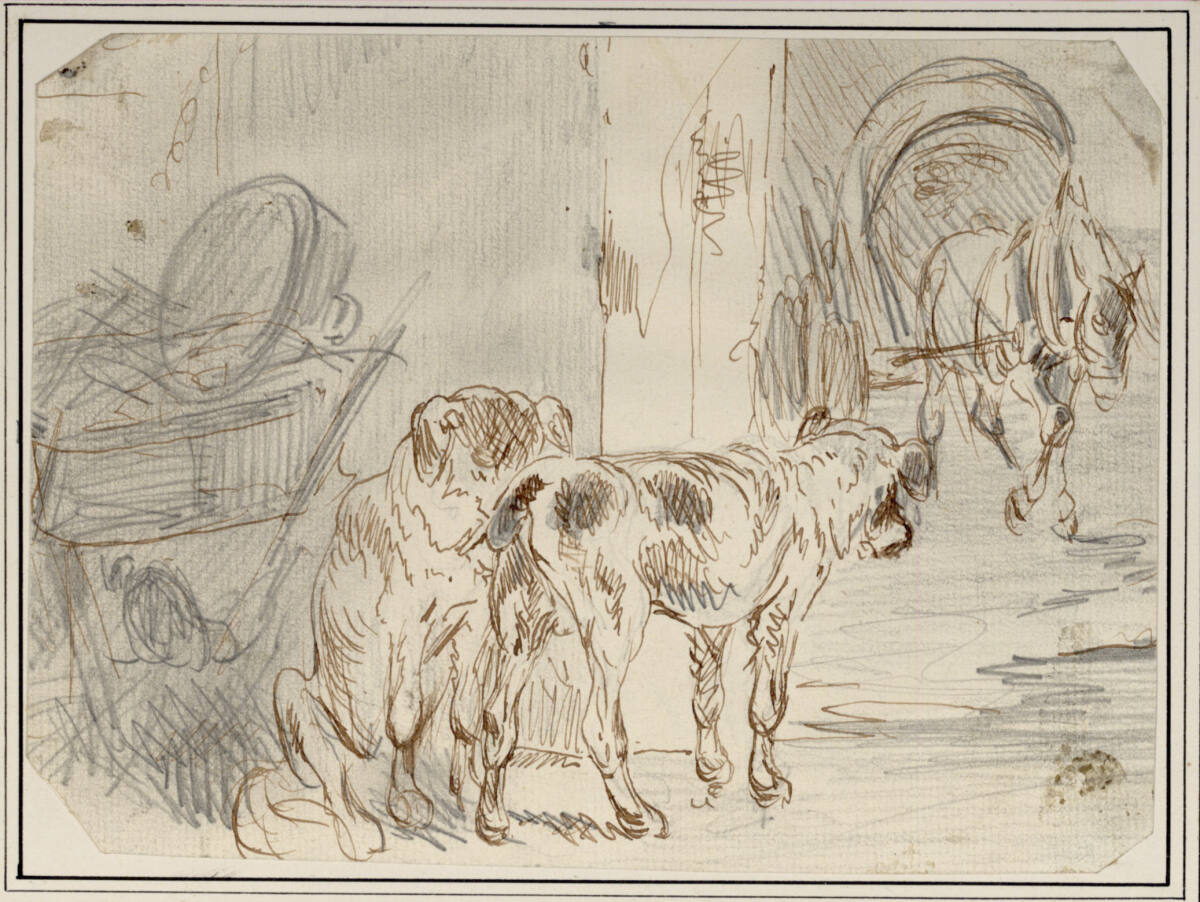 Zwei Hunde mit Pferdefuhrwerk im Hintergrund, Carl Pischinger