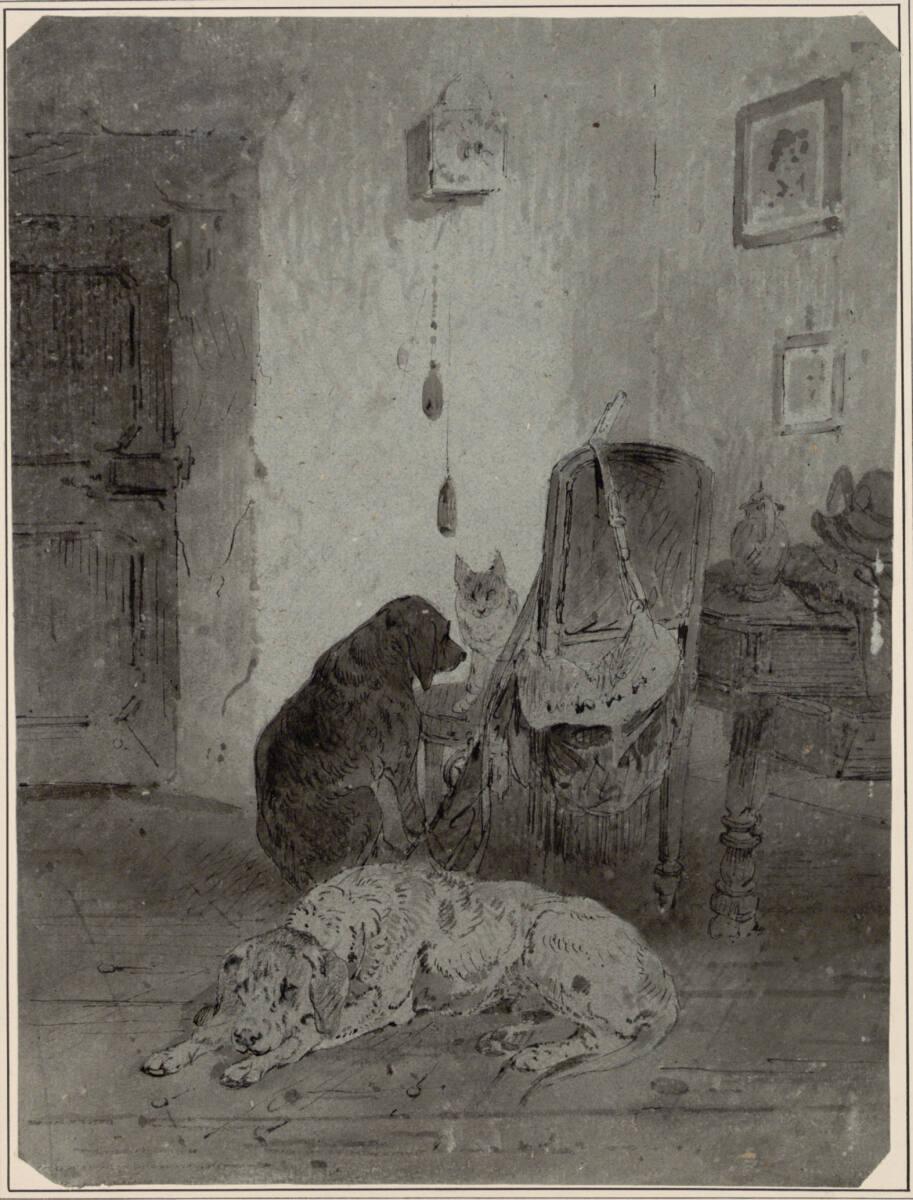 Carl Pischinger, Zwei Hunde und eine Katze in einem Innenraum, Inv. Nr.: 7732
