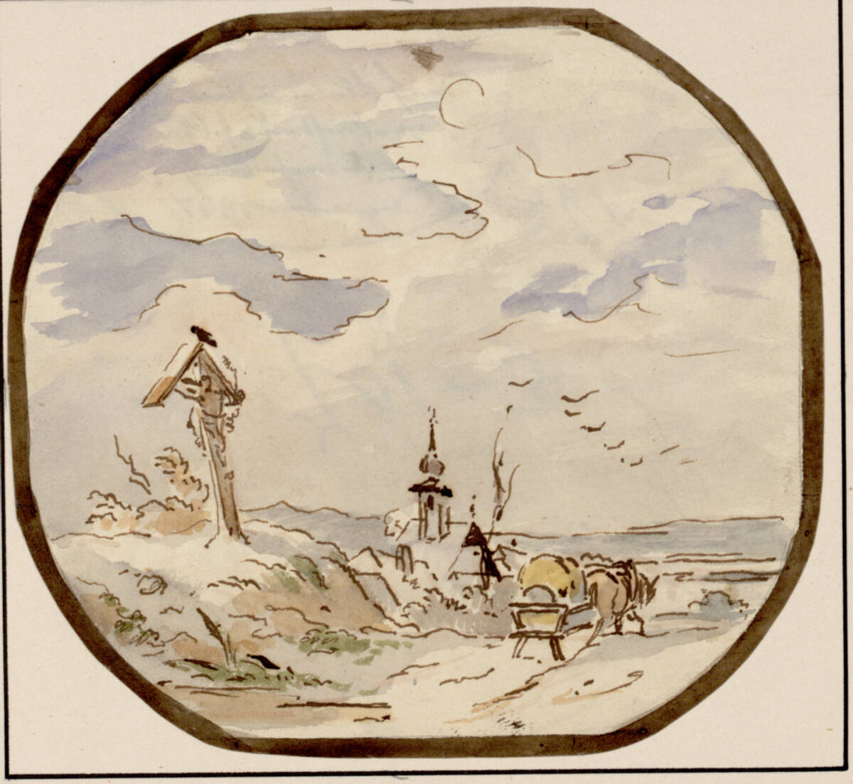Landschaft mit Wagen und Kirche im Hintergrund, Carl Pischinger