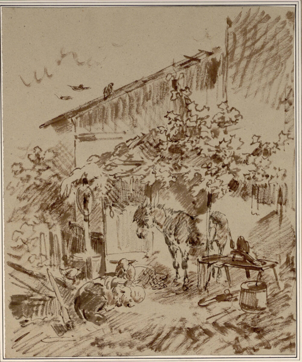Bauernhof mit Esel und Schafen, Carl Pischinger