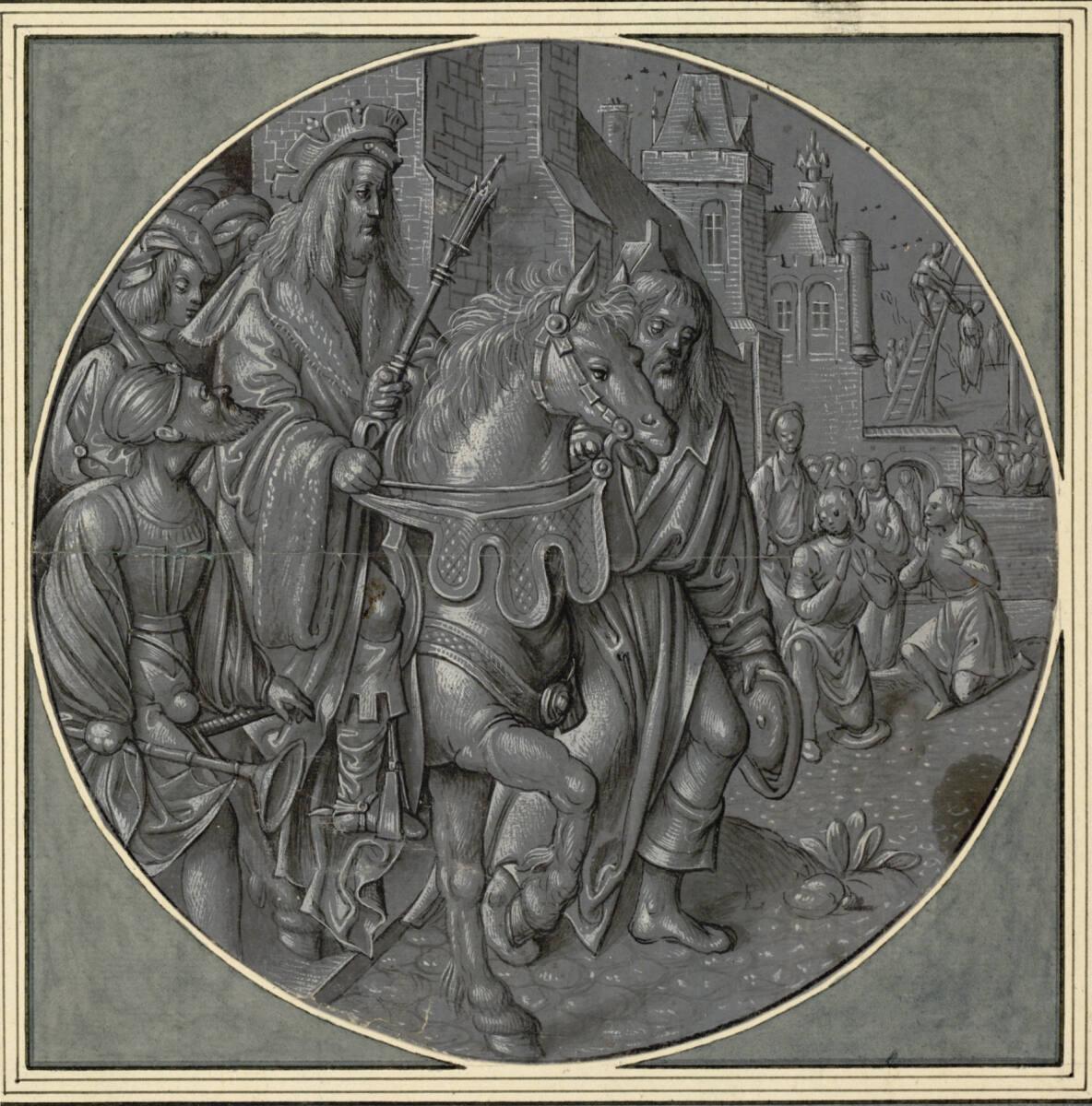 Cornelis Engebrechtsz., Der Triumph des Mordechai (Scheibenriss), Inv. Nr.: 7795