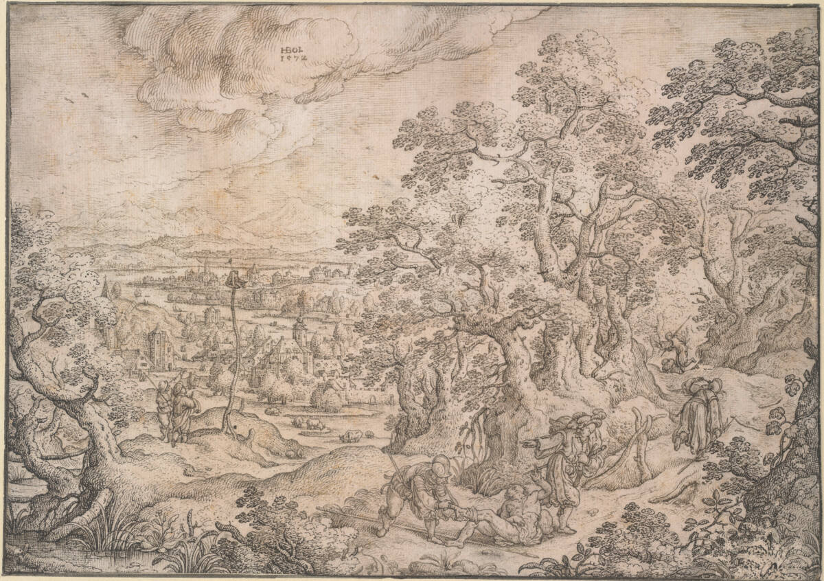 Das Gleichnis vom barmherzigen Samariter: Der Mann, der von Jerusalem nach Jericho geht, fällt unter die Räuber, Hans Bol, 1572