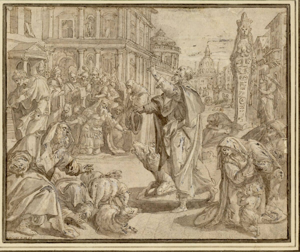 Der Prophet Jonas predigt in Ninive, Maerten de Vos, 1586