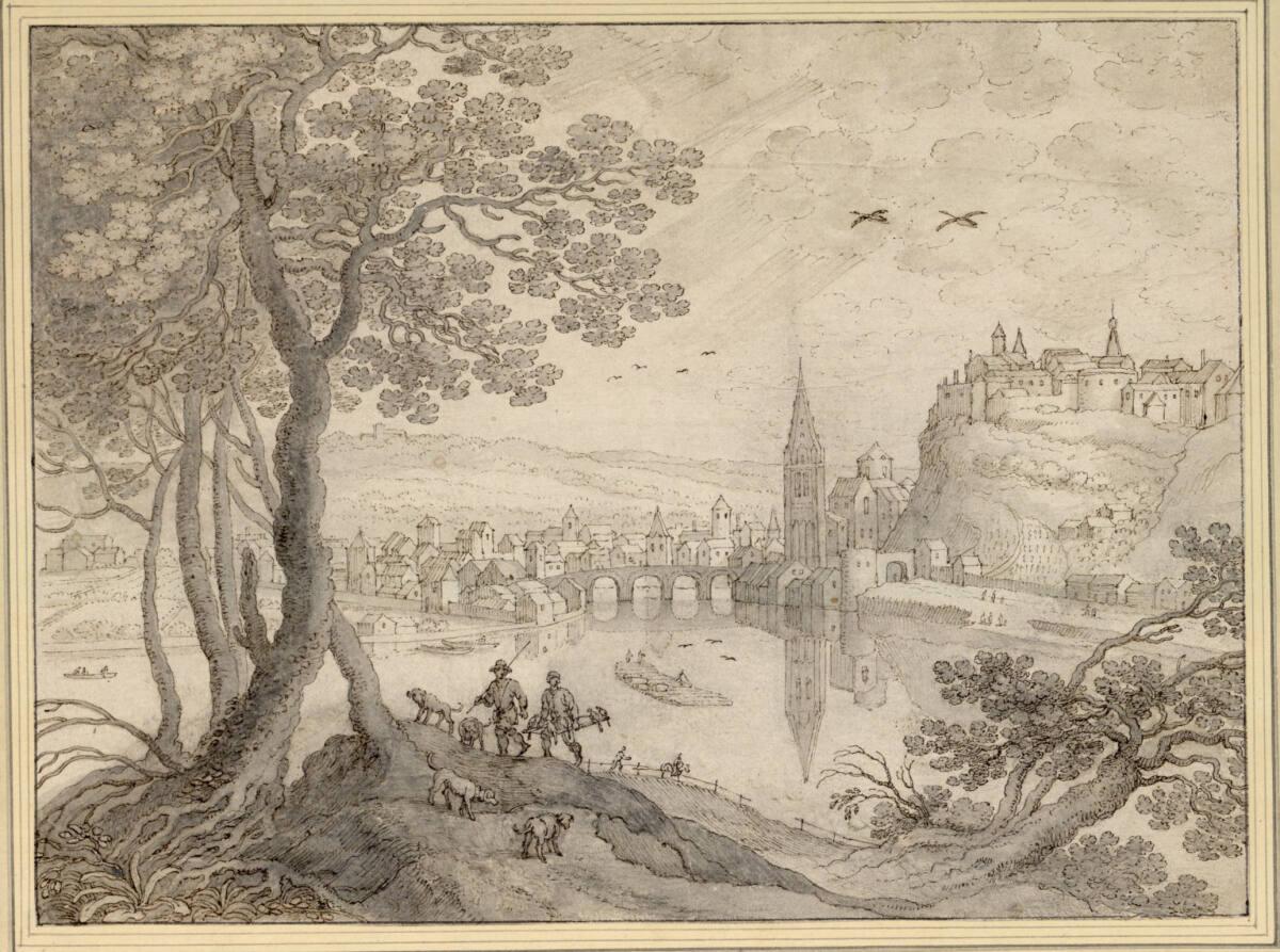 Adriaen van Nieulandt, Flußlandschaft mit Stadt und Burgfelsen (vorne eine Baumgruppe und zwei …
