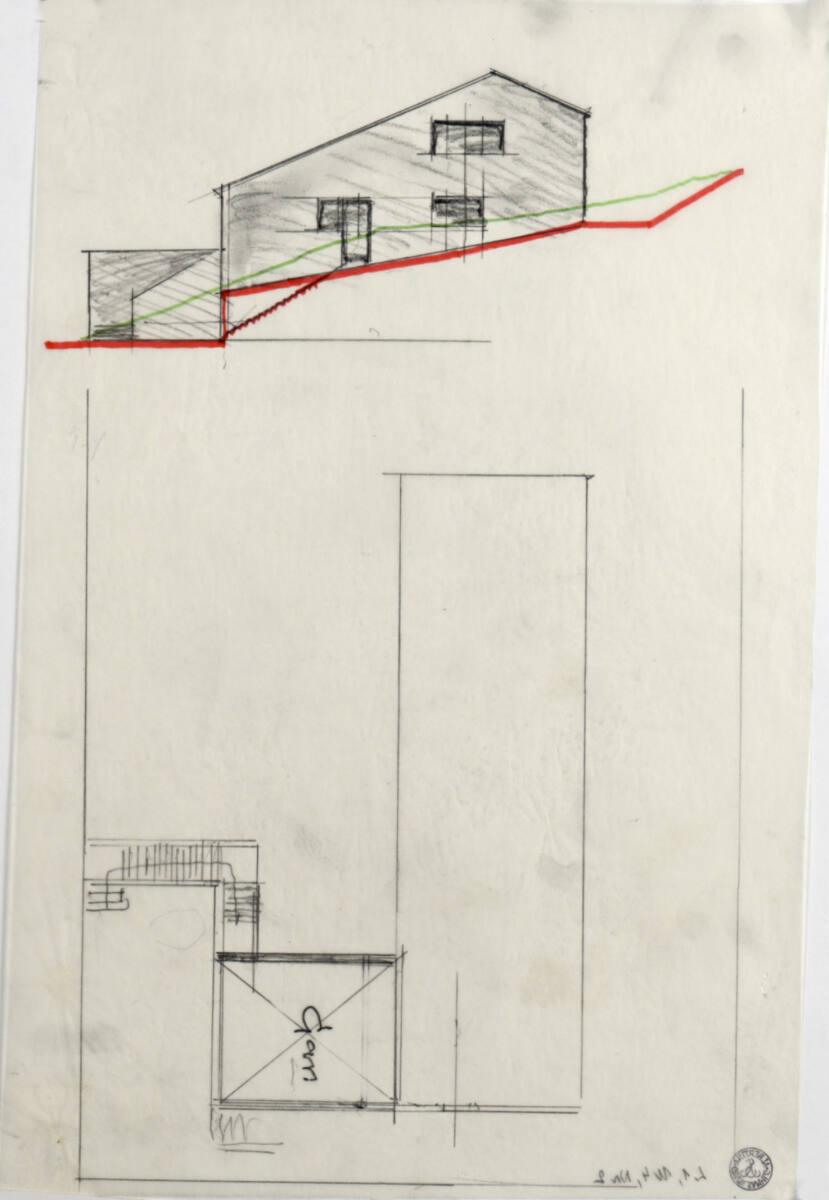 Clemens Holzmeister, Arzl, Haus Atzwanger; Schnitt mit Geländeprofil; Grundriss, Inv. Nr.: CLHA…