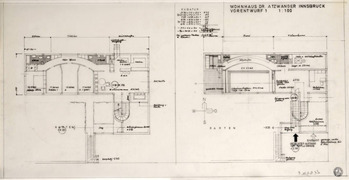Clemens Holzmeister, Innsbruck, Wohnhaus Dr. Atzwanger; 1. Vorentwurf; Grundriss Untergeschoß, …