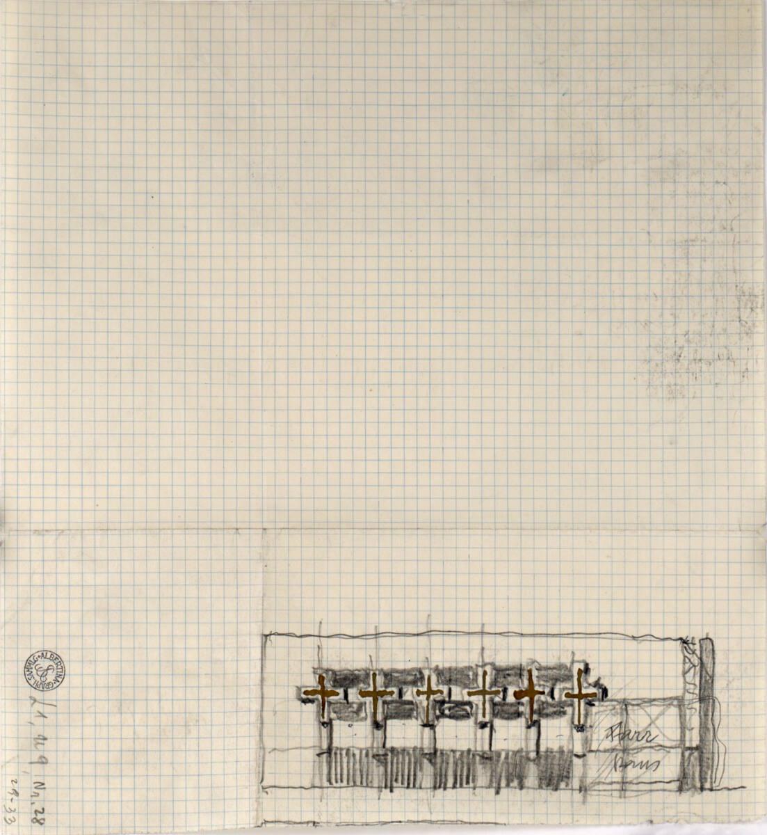 Clemens Holzmeister, Augsburg-Hochzoll-Süd, Pfarrkirche Zwölf Apostel; Studie; Ansicht mit Schn…