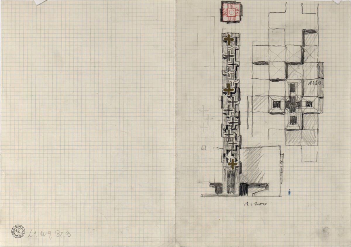 Clemens Holzmeister, Augsburg-Hochzoll-Süd, Pfarrkirche Zwölf Apostel; Studie; Turm, Ansicht, H…