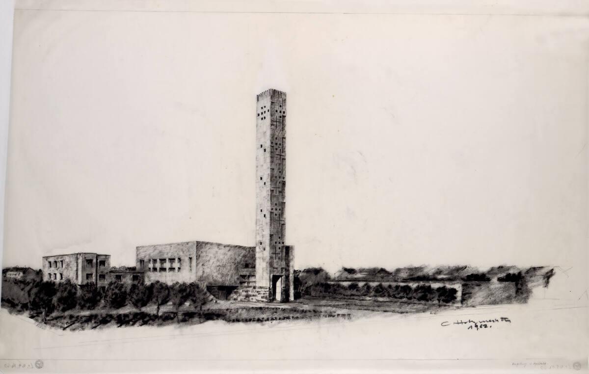 Clemens Holzmeister, Augsburg-Hochzoll-Süd, Pfarrkirche Zwölf Apostel; perspektivische Ansicht,…