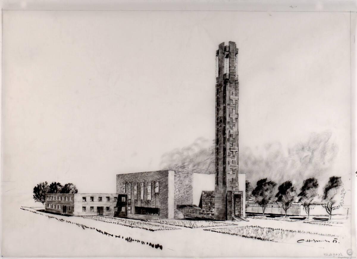 Clemens Holzmeister, Augsburg-Hochzoll-Süd, Pfarrkirche Zwölf Apostel; perspektivische Ansicht,…