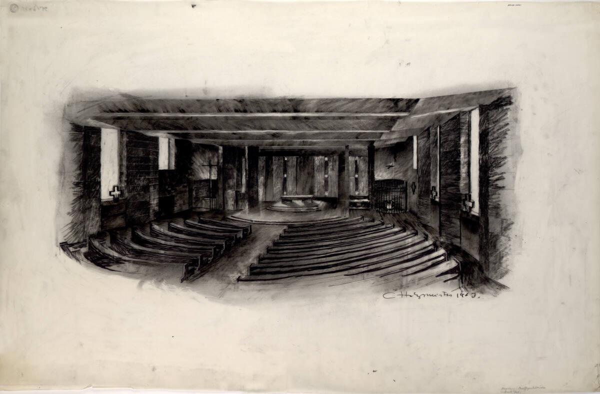 Clemens Holzmeister, Augsburg-Hochzoll-Süd, Pfarrkirche Zwölf Apostel; Innenperspektive gegen d…