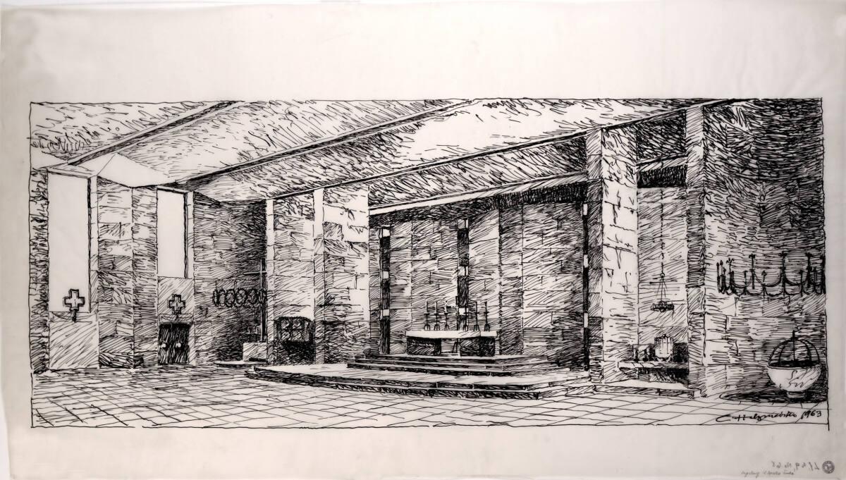 Clemens Holzmeister, Augsburg-Hochzoll-Süd, Pfarrkirche Zwölf Apostel; Innenperspektive gegen d…