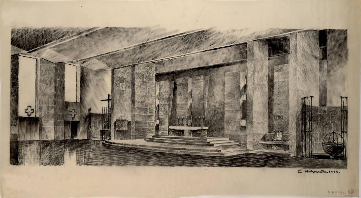 Clemens Holzmeister, Augsburg-Hochzoll-Süd, Pfarrkirche Zwölf Apostel; Innenperspektive gegen d…