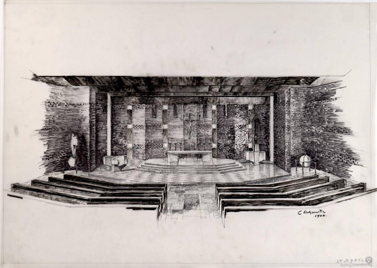 Clemens Holzmeister, Augsburg-Hochzoll-Süd, Pfarrkirche Zwölf Apostel; Innenperspektive gegen d…