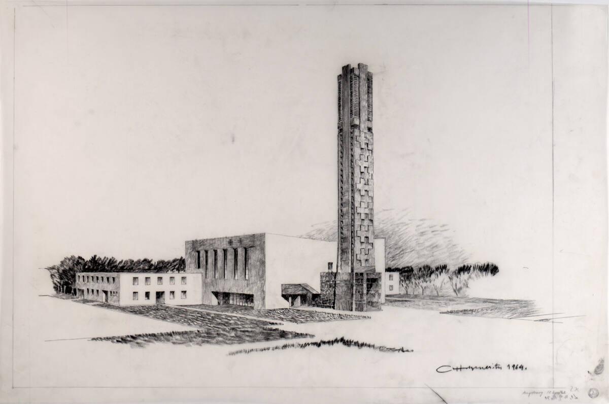 Clemens Holzmeister, Augsburg-Hochzoll-Süd, Pfarrkirche Zwölf Apostel; perspektivische Ansicht,…