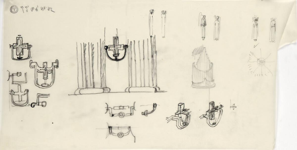 Clemens Holzmeister, Berlin, St. Hedwig, Wiederaufbau; Studie; Säulen, Apostelkreuze, Orgel, En…