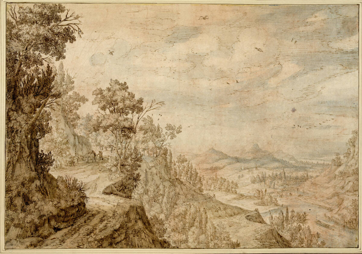 Gebirgslandschaft mit rastenden Maultiertreibern und Blick in ein Flußtal, Jacob Savery