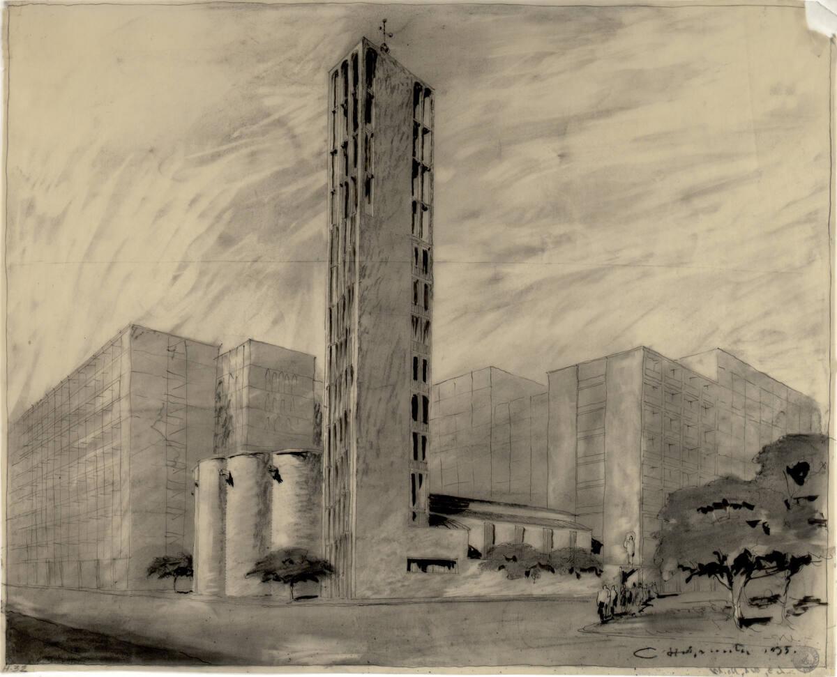 Clemens Holzmeister, Rio de Janeiro, Pfarrkirche Copacabana, Projekt 2; perspektivische Ansicht…