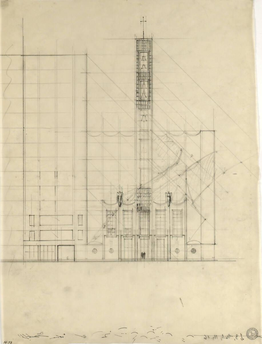 Clemens Holzmeister, Rio de Janeiro, Pfarrkirche Copacabana, Projekt 1; Studie; Hauptfassade, A…