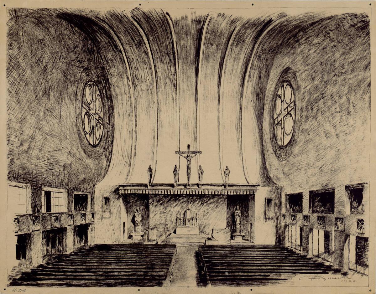 Clemens Holzmeister, Rio de Janeiro, Pfarrkirche Copacabana, Projekt 1; Innenperspektive gegen …