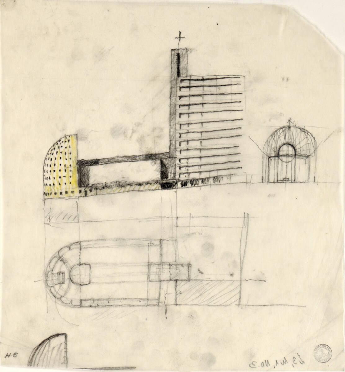 Clemens Holzmeister, Rio de Janeiro, Pfarrkirche Copacabana, Projekt 2; Studie; Seitenansicht, …