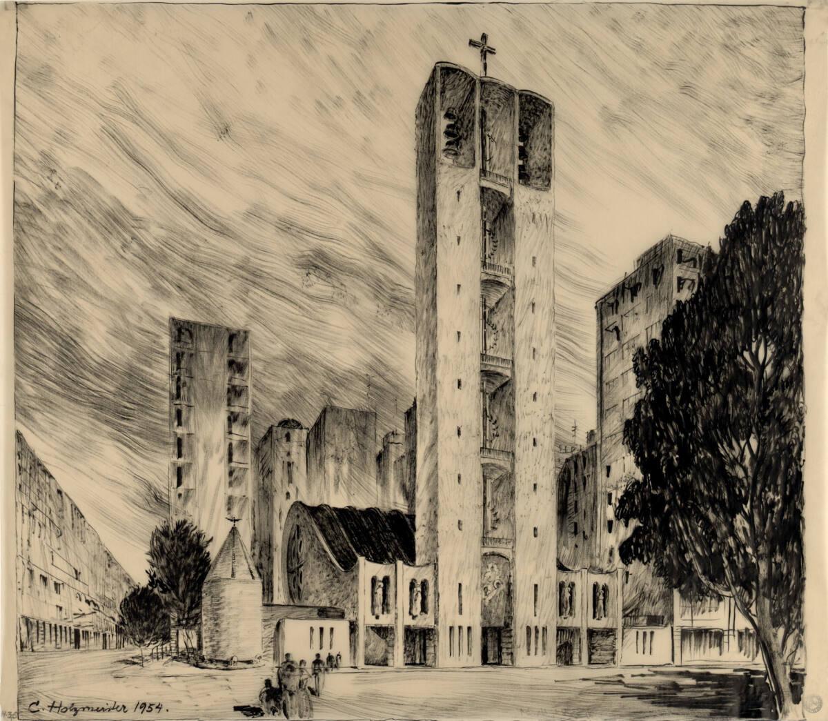 Clemens Holzmeister, Rio de Janeiro, Pfarrkirche Copacabana, Projekt 2; Studie; perspektivische…