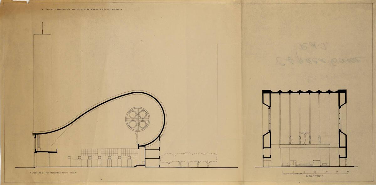 Clemens Holzmeister, Rio de Janeiro, Pfarrkirche Copacabana, Projekt 1; Längsschnitt, Querschni…
