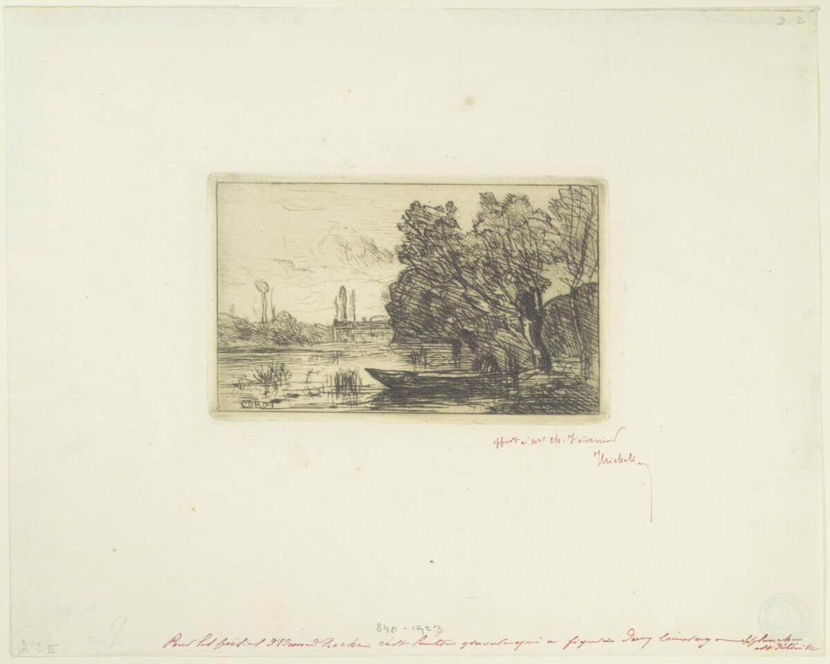 Jean-Baptiste Camille Corot, Avray: Boot unter Weiden (Morgenstimmung), Inv. Nr.: DG1923/840