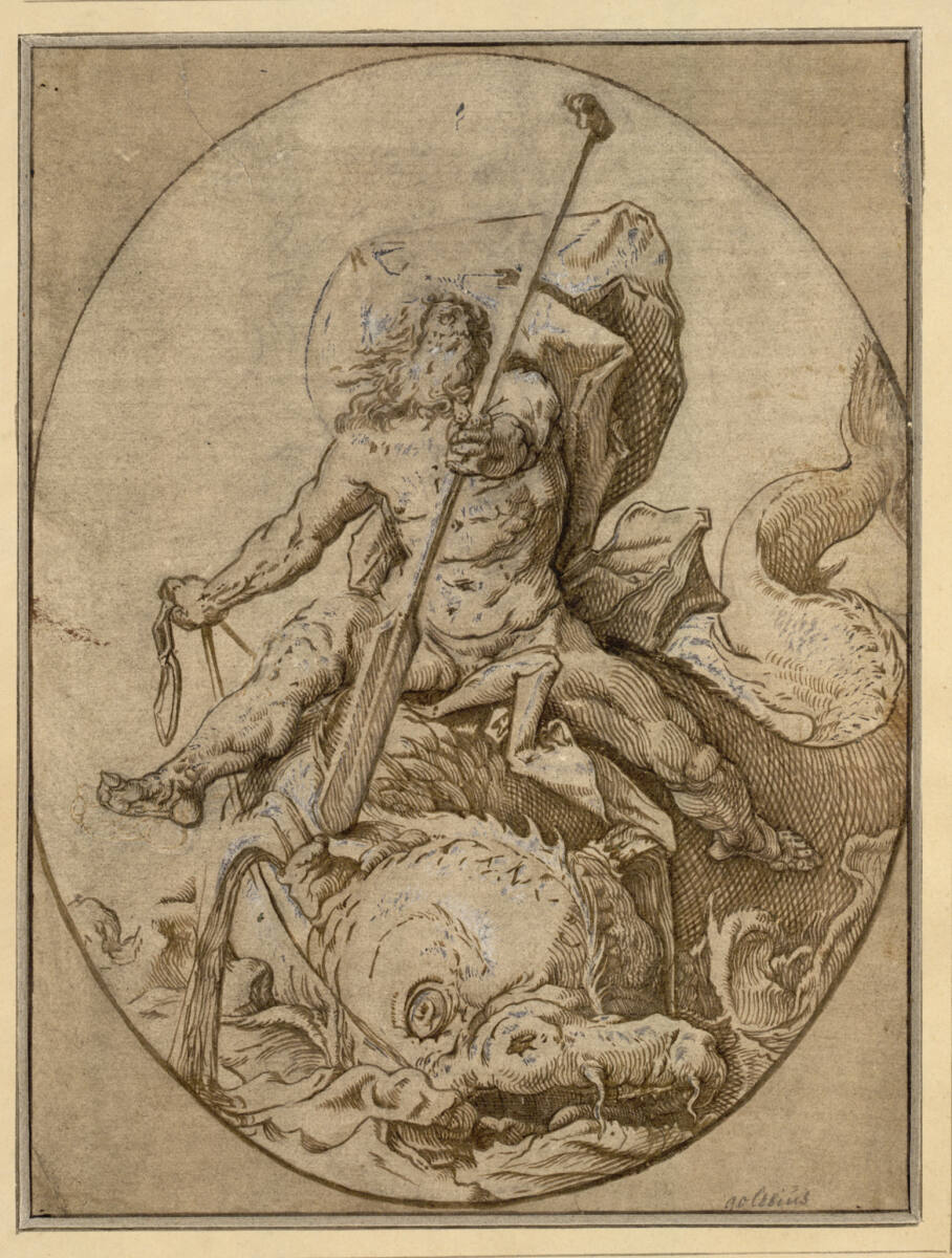 Neptun, auf einem Delphin reitend