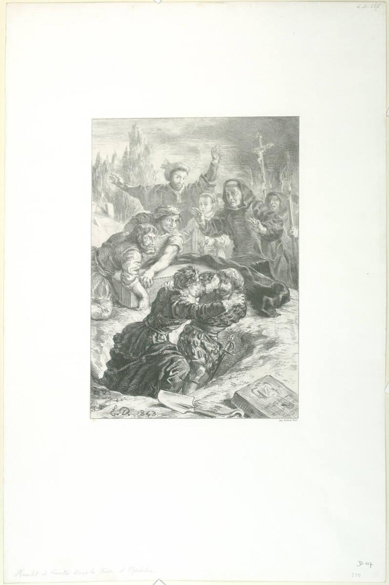 Hamlet et Laertes dans la fosse d'Ophélie (Act. V. Sc. I), Эжен Делакруа, 1843