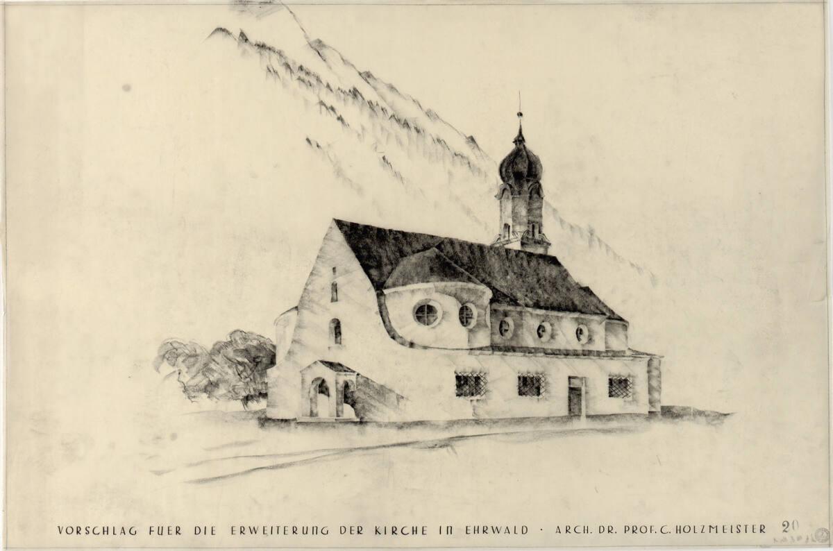 Clemens Holzmeister, Ehrwald, Pfarrkirche, Erweiterung; Studie; perspektivische Ansicht, Inv. N…