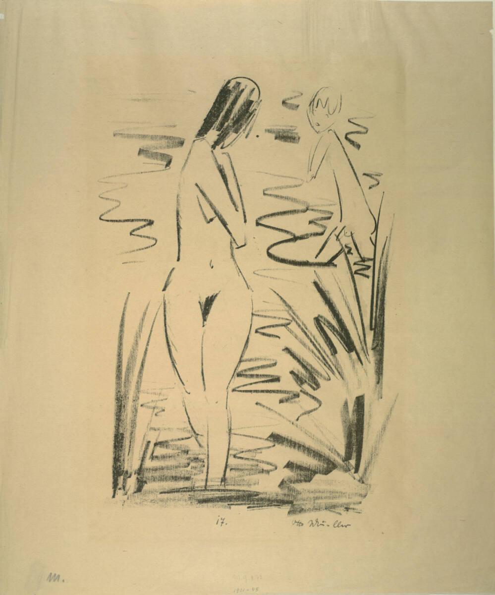 Otto Mueller, Sich umwendendes Mädchen und Knabe beim Baden  I, Inv. Nr.: DG1921/45
