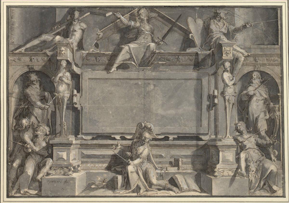 Joachim Antonisz. Wtewael, Vorzeichnung für das Titelblatt der Stichfolge "Thronus Justitiae", …