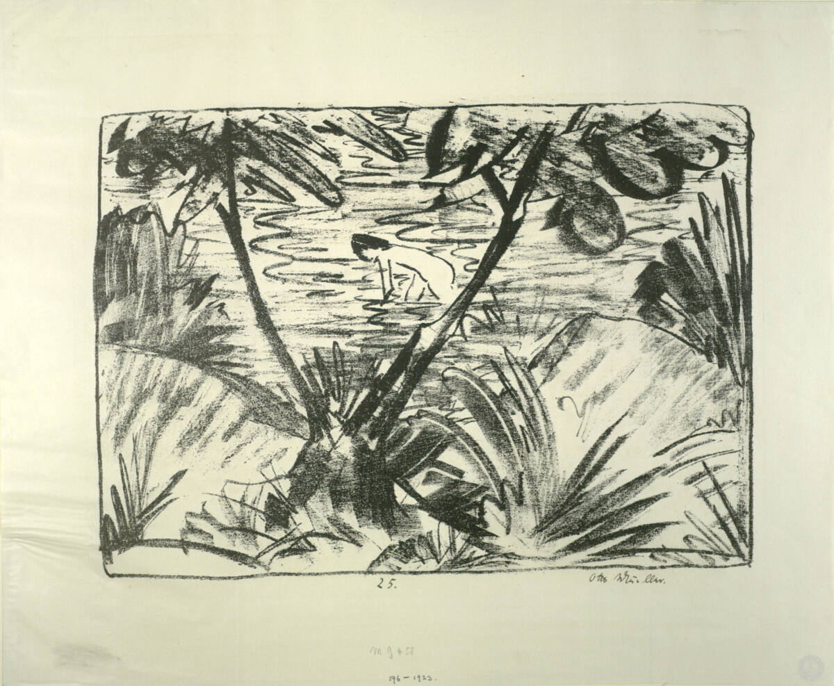Gegabelter Baum und badendes Mädchen, Otto Mueller
