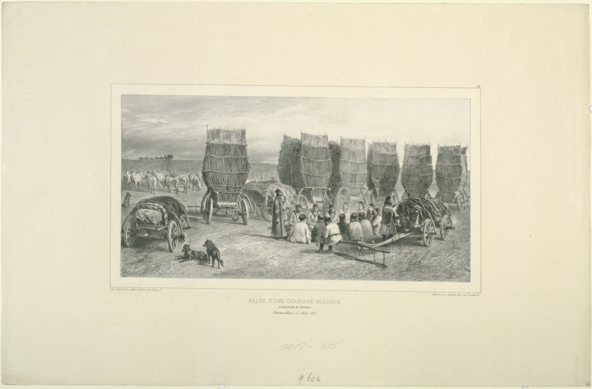 Halte d'une carvane moldave, transportant du charbon, Bessarabie, 5 Aout 1837, Gihautfrères, 1840