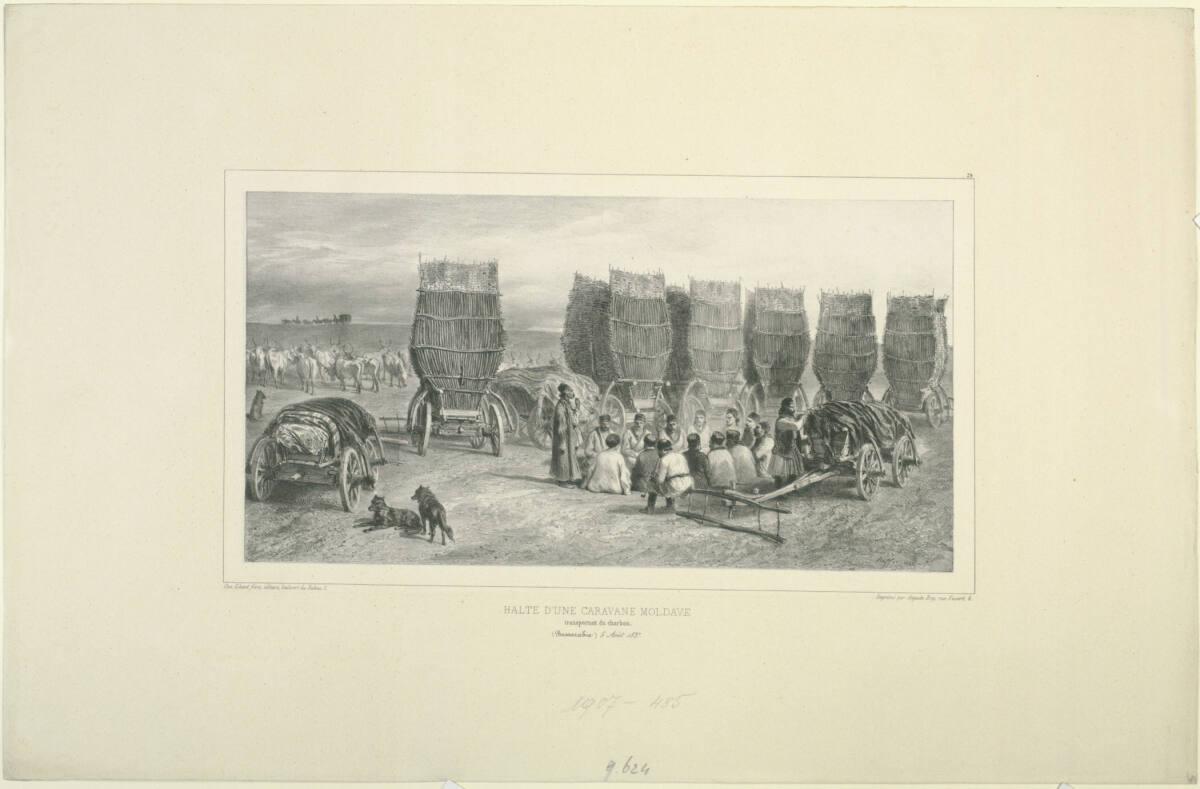 Auguste Raffet, Halte d'une carvane moldave, transportant du charbon, Bessarabie, 5 Aout 1837, …