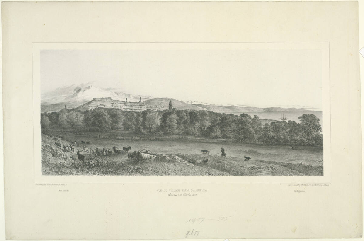 Vue de village Tatar d'Alouchta, Crimée, 23 Octobre 1837, Gihautfrères, 1846