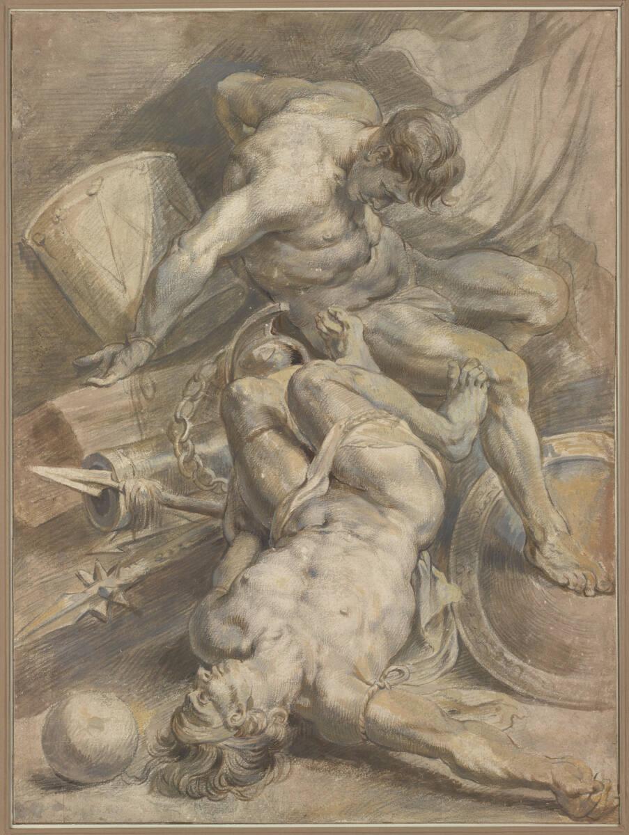 Anonym, Zwei nackte Gefangene und Kriegstrophäen, Inv. Nr.: 8241