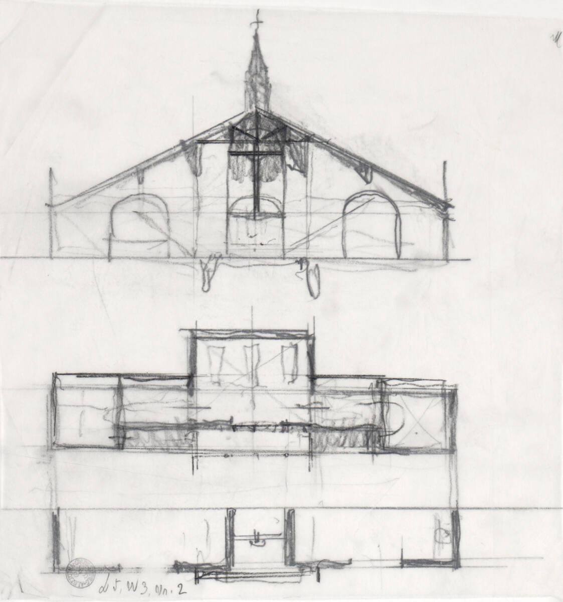 Clemens Holzmeister, Fulpmes, Einsegnungshalle; Studie; Detail Ansicht; Detail Grundriss, Inv. …