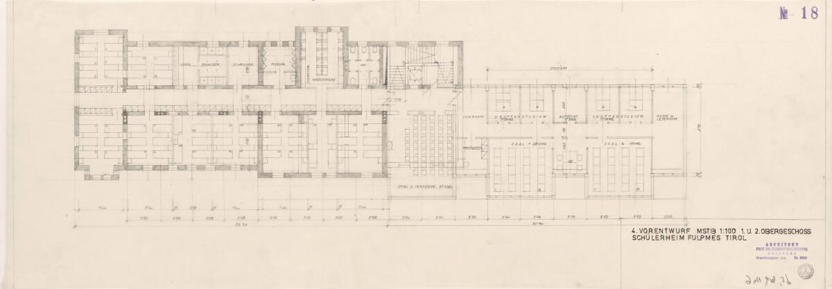 Clemens Holzmeister, Fulpmes, Salesianerschülerheim; 4. Vorentwurf; Grundriss 1. Obergeschoß un…