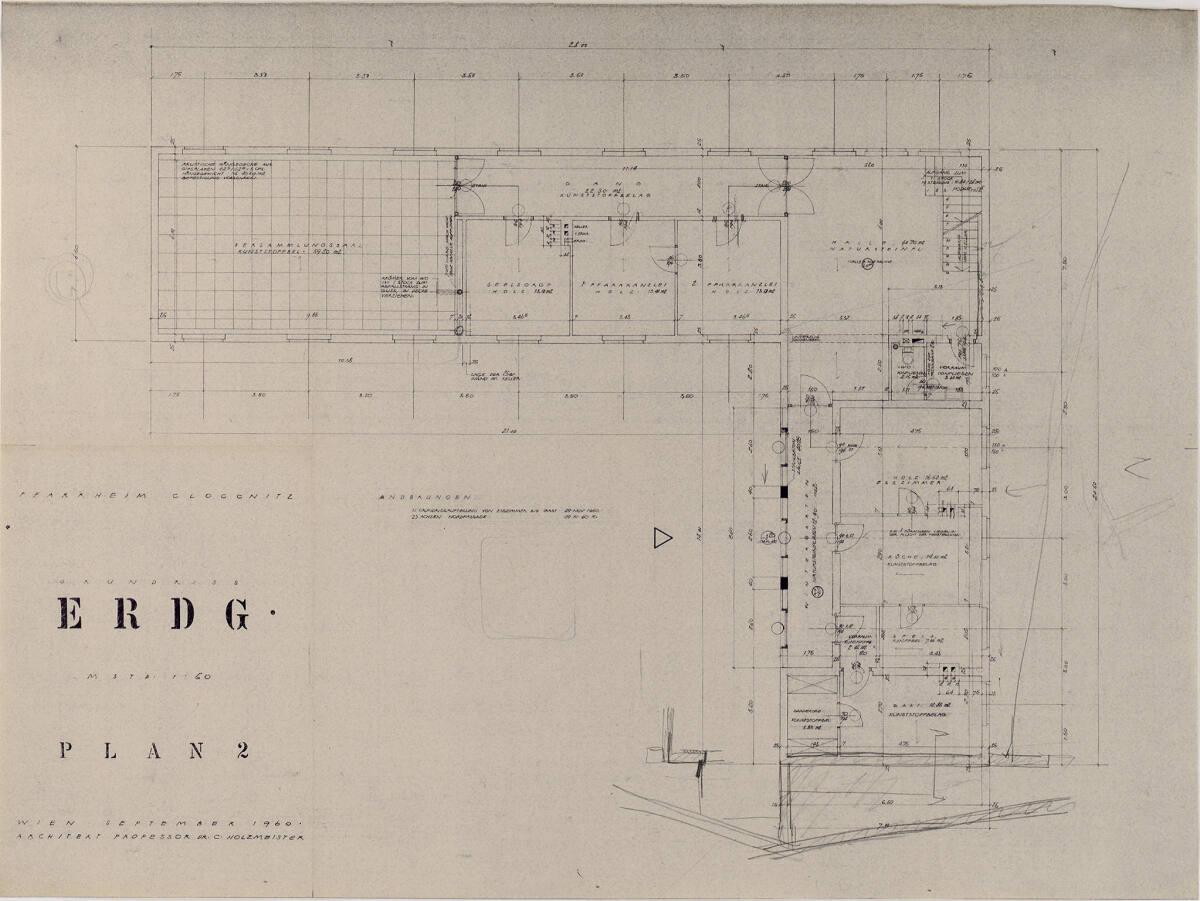Clemens Holzmeister, Gloggnitz, Pfarrheim; Grundriss Erdgeschoß mit Schnitt, Inv. Nr.: CLHA5/16…
