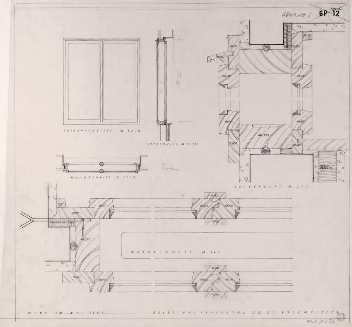Clemens Holzmeister, Gloggnitz, Pfarrheim; Fenster, Außenansicht, Vertikalschnitt (Lotschnitt),…