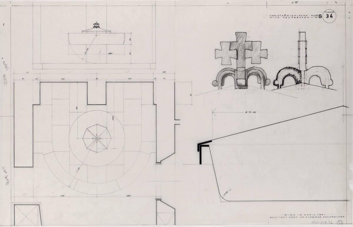Clemens Holzmeister, Gloggnitz, Christkönigskirche (Kardinal-Piffl-Gedächtniskirche); Taufbecke…