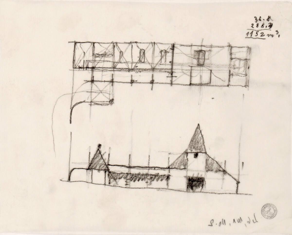 Clemens Holzmeister, Grafenstein, Friedhofanlage, Einsegnungshalle; Studie; Grundriss, Ansicht,…