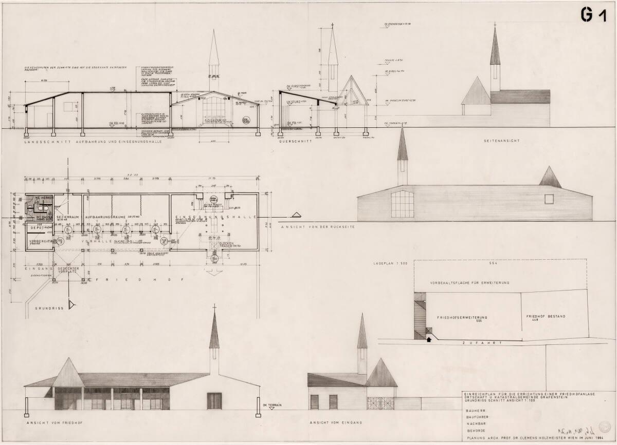 Clemens Holzmeister, Grafenstein, Friedhofanlage, Einsegnungshalle; Einreichplan; Längsschnitt,…