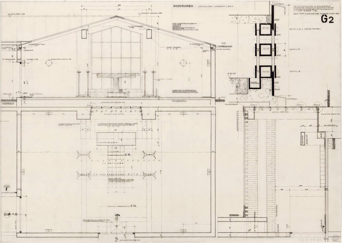 Clemens Holzmeister, Grafenstein, Friedhofanlage, Einsegnungshalle; Innenansicht, Grundriss, Lä…