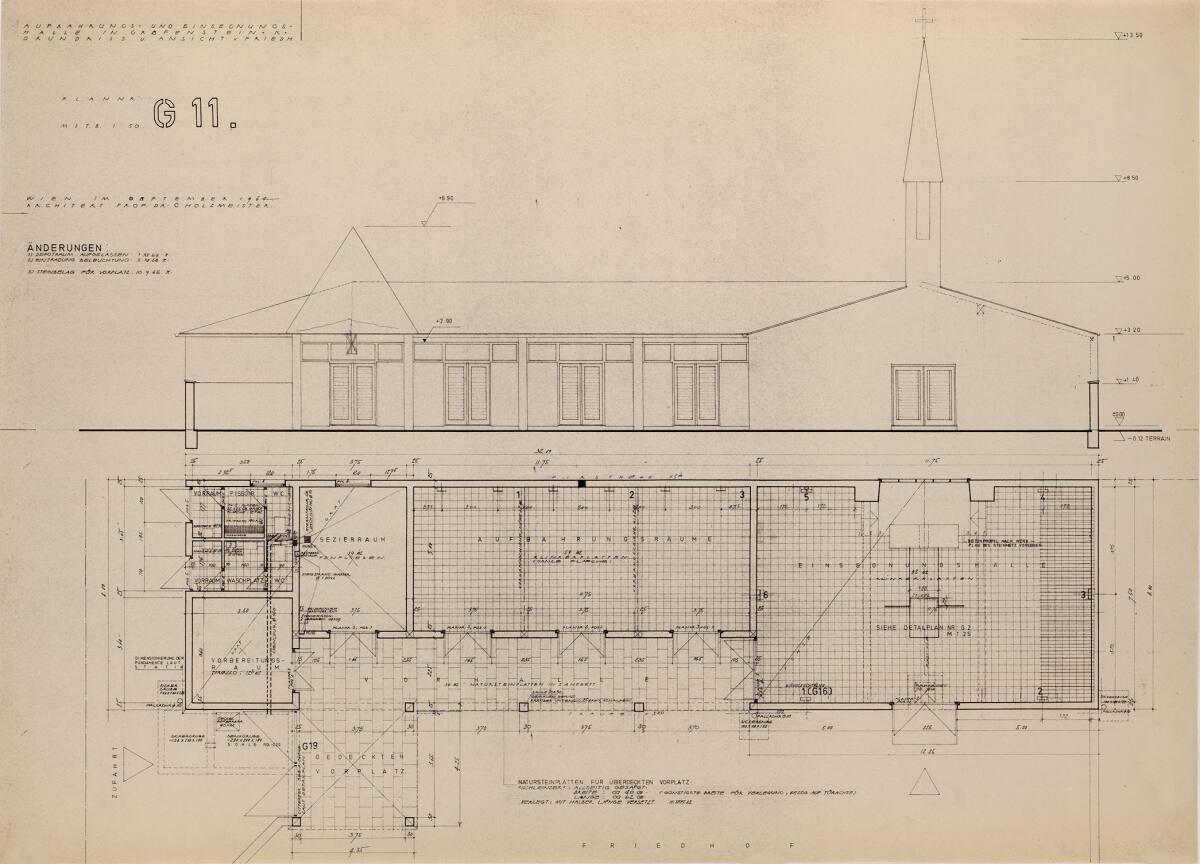 Clemens Holzmeister, Grafenstein, Friedhofanlage, Einsegnungshalle; Ansicht vom Friedhof, Grund…
